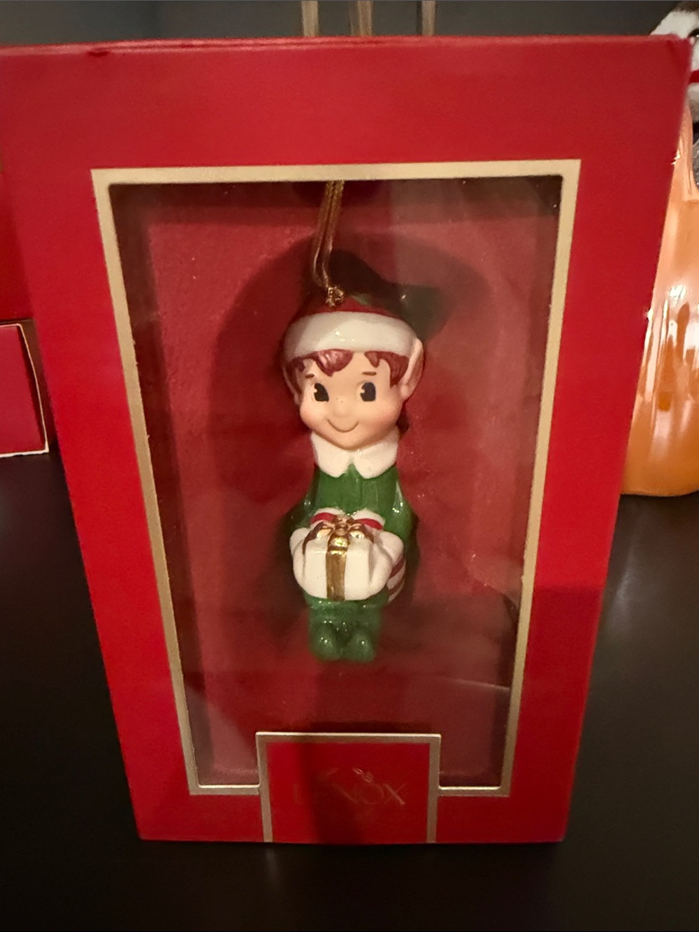 Lenox Green and White Elf Ornament Holding Gift